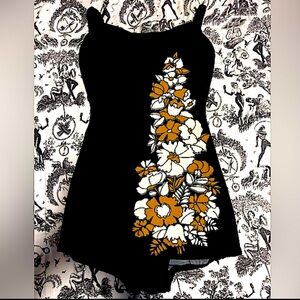 Vintage 60s Rose Marie Reid Black Ribbed Nylon Swimsuit w/ Polynesian Floral.